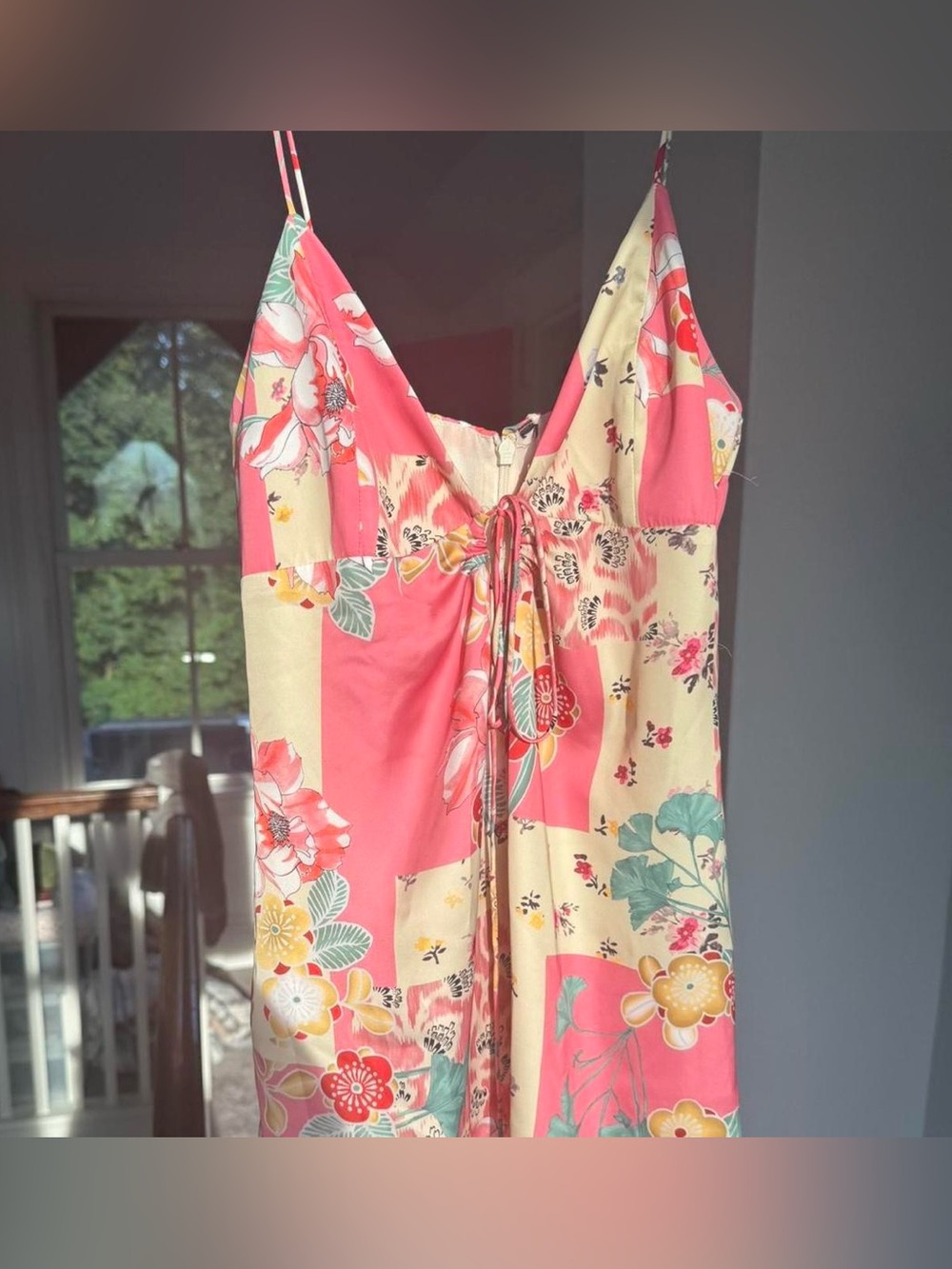 Floral Pink and Cream Spaghetti Strap Midi Dress